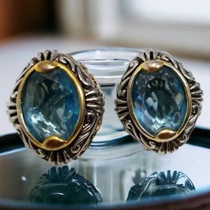 Vintage Antiqued Silver Tone & Blue Faceted Rhinestone Oval Clip-on Earrings